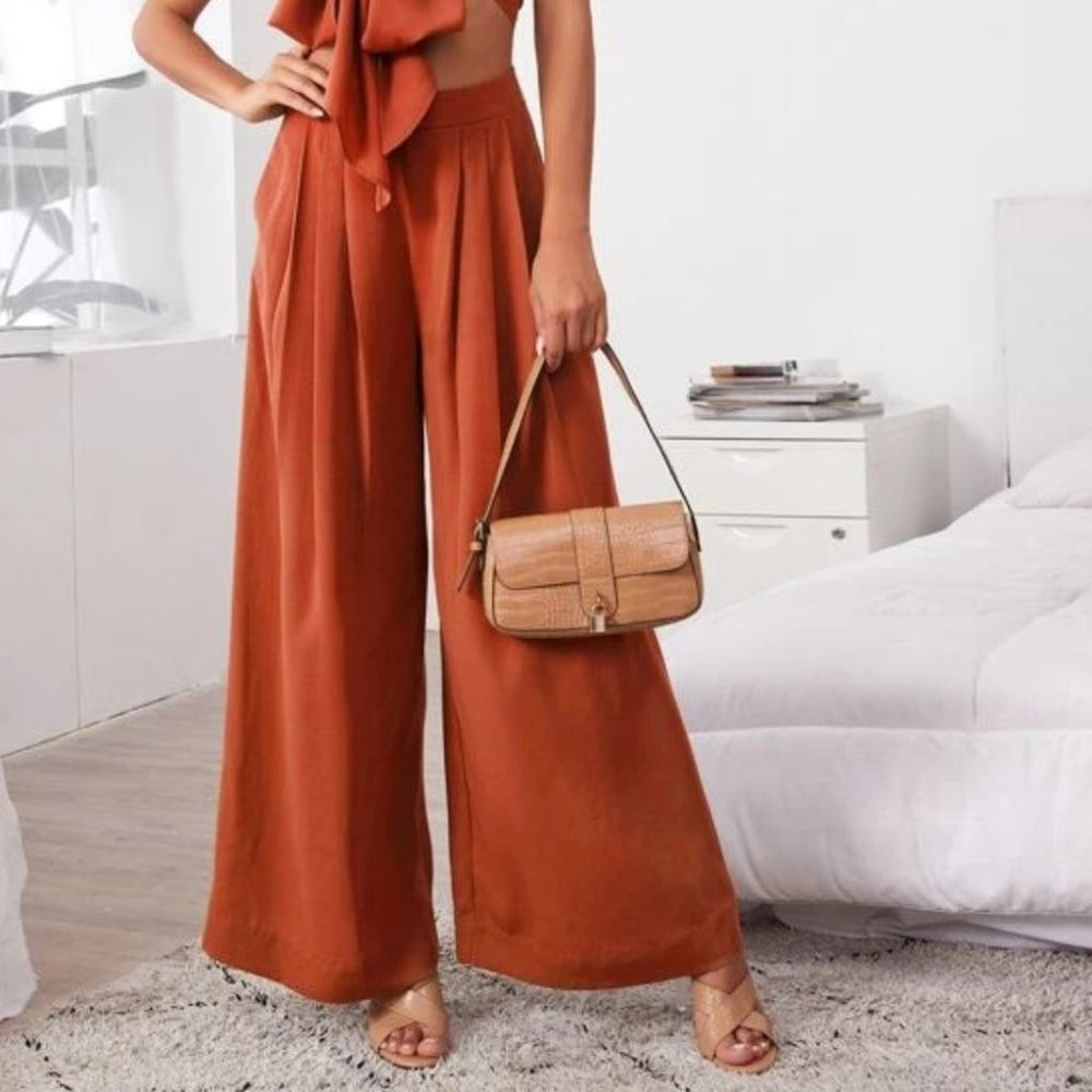 Boho 2 Piece Tie Front Tube Top & Pleated Wide Leg Pants Set  burnt orange - Picture 9 of 12